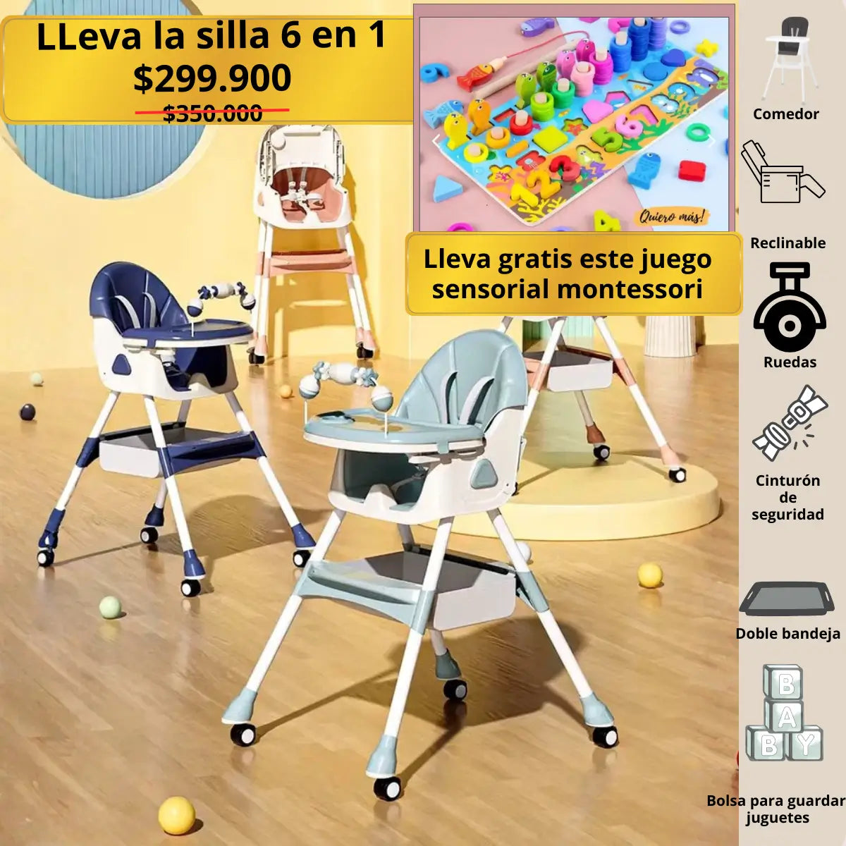 Silla multifuncional 6 en 1 + Juego sensorial Montessori: crece con tu bebé y simplifica tu día a día